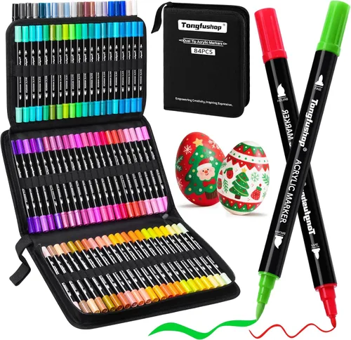 Tongfushop Marcadores de pintura acrílica de 84 colores, rotuladores de pintura acrílica de doble punta con punta de pincel y punta fina, marcadores