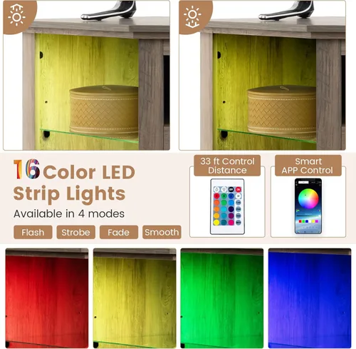 Miniatura 2 de Tangkula - Soporte de TV de esquina con chimenea y luces LED y control inteligente por APP para TV de 50 pulgadas, centro de entretenimiento con Gris