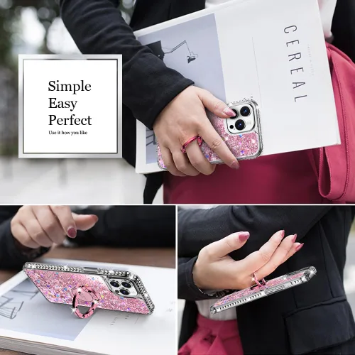 Miniatura 6 de Silverback Funda para iPhone 12, iPhone 12 Pro, funda con purpurina holográfica líquida móvil con soporte, funda protectora con soporte de anillo