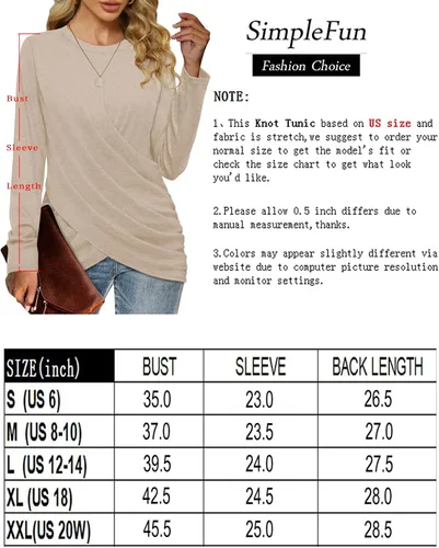 Miniatura 6 de Blusa con cuello en V, manga larga y nudo trenzado para mujer, diseño cómodo, holgado e informal