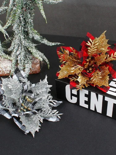 Miniatura 8 de 24 flores de Pascua de Navidad de 4.7 pulgadas con purpurina roja búfalo a cuadros de flores de nochebuena para adornos de árbol de Navidad
