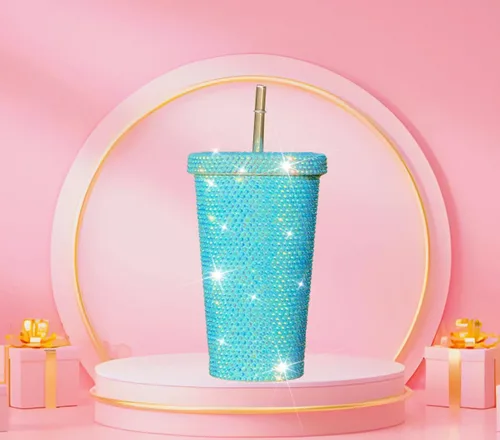 Miniatura 10 de Tazas de café helado con purpurina de diamante, taza de agua azul brillante con tapa y popote para agua para mujer y niña, 2