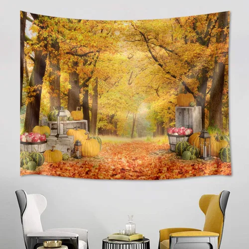 HVEST Tapiz de hojas de arce otoñales para colgar en la pared, hojas de arce caídas, bosque y calabaza, tapiz para colgar en la pared, tapiz de