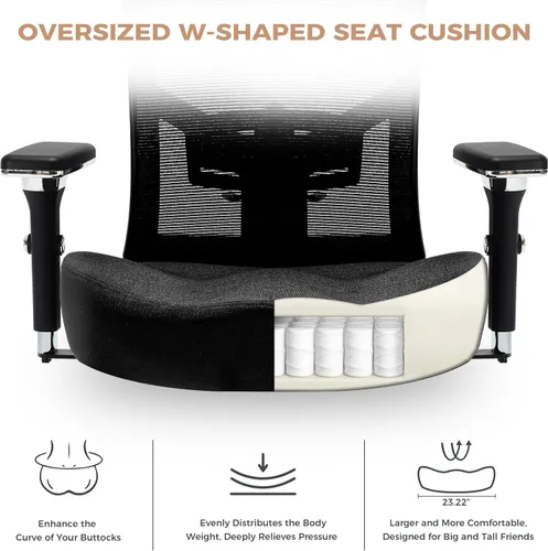 Miniatura 4 de Silla de oficina grande y alta de 600 libras con cojín de asiento grueso en forma de W, sillas de escritorio ergonómicas de malla para computadora