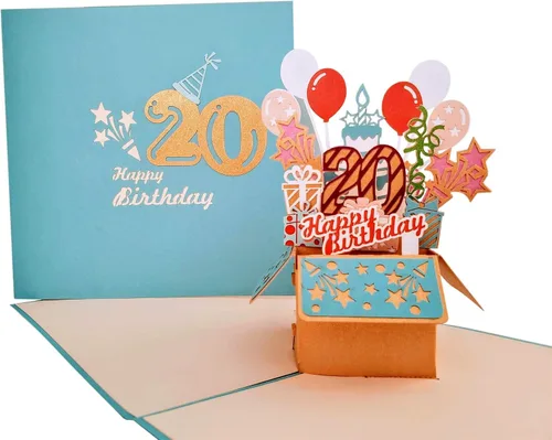 iGifts And Cards Tarjeta desplegable 3D de 20 cumpleaños – Caja de fiesta azul de moda sorpresa con globos, regalos y vibraciones de celebración –