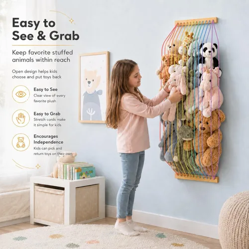 Miniatura 3 de Organizador de juguetes de madera suave para almacenamiento de animales de peluche, bonito y duradero para pared o puerta, longitud ajustable