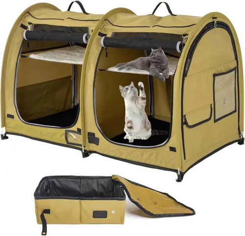 Miniatura 12 de Mispace - Jaula/Casa portátil para gatos con doble compartimento de exhibición, fácil de plegar y transportar, cómoda jaula de viaje para cachorros