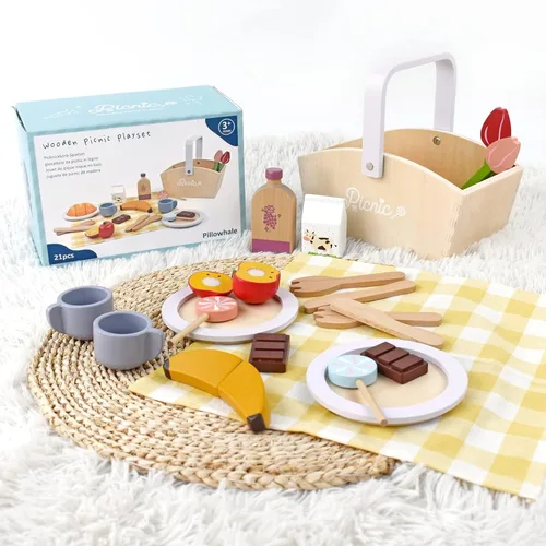 Miniatura 6 de Pillowhale Juego de Comida de Picnic de Madera – Juego de Cocina de Juguete para Niños de 21 PIEZAS con Manta, Frutas para Cortar y Configuraciones