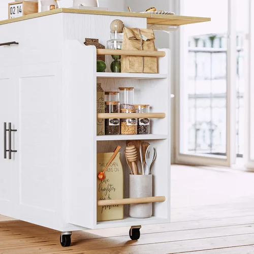 Miniatura 5 de IRONCK Isla de cocina con almacenamiento, isla de cocina rodante con hoja abatible, 3 estantes abiertos para especias, gabinete con puerta, cajón