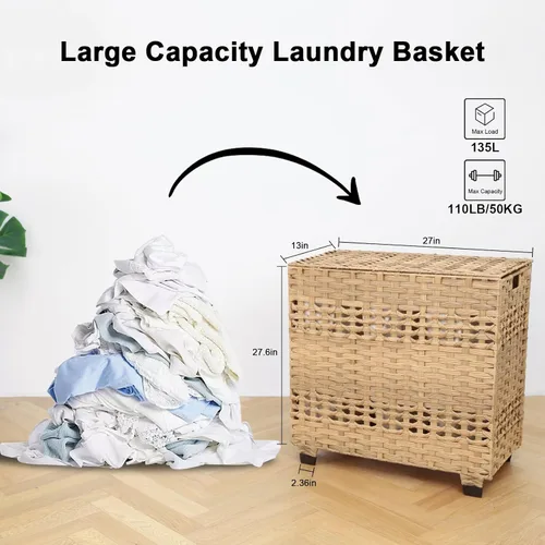Miniatura 3 de OIAHOMY Cesta de lavandería con tapa, cesta de ropa de 140 litros con 3 bolsas extraíbles con forro, cesta plegable con tapa, cesta de mimbre
