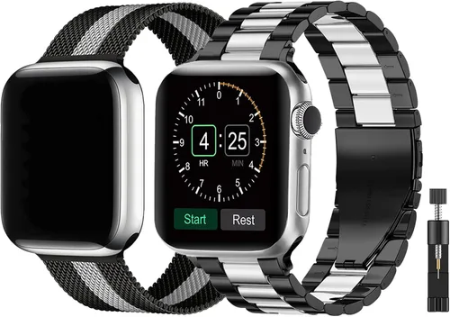 Miniatura 11 de Paquete de 2 correas de metal compatibles con Apple Watch Band 38/40/41/42/44/45/46/1.929 in, acero inoxidable y malla milanesa para iWatch Band