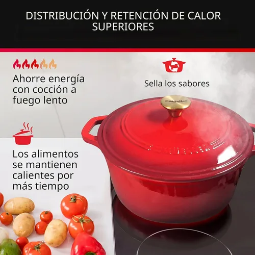 Miniatura 4 de Mueller Horno Holandés de Hierro Fundido Esmaltado de 6 Cuartos, Cazuela y Sartén para Estofar de Servicio Pesado con Tapa y Perilla, Seguro