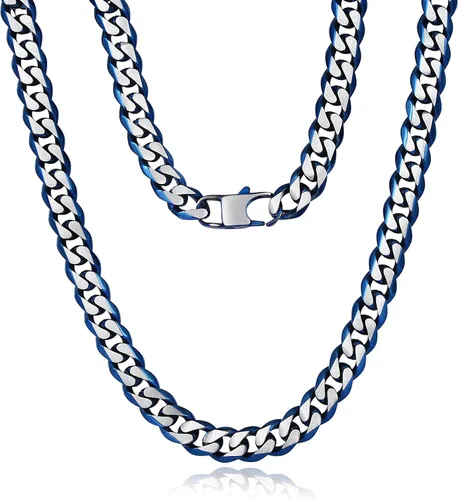 YAMI Cadena de eslabones cubanos para hombre, azul/negro/oro de 14 quilates, acero inoxidable de 0.394-0.472 in de grosor, collar de cadena de