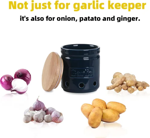 Miniatura 2 de Conservador de ajo ONTUBE con tapa de madera, recipiente de almacenamiento de ajo de cerámica de 4.5 pulgadas, recipiente de ajo para cocina, Azul