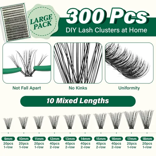 Miniatura 4 de KEYYOU Kit de extensiones de pestañas para bricolaje, 300 unidades, kit de extensiones de pestañas 50D, rizo D, 9-18 MIXTO, con aplicador removedor
