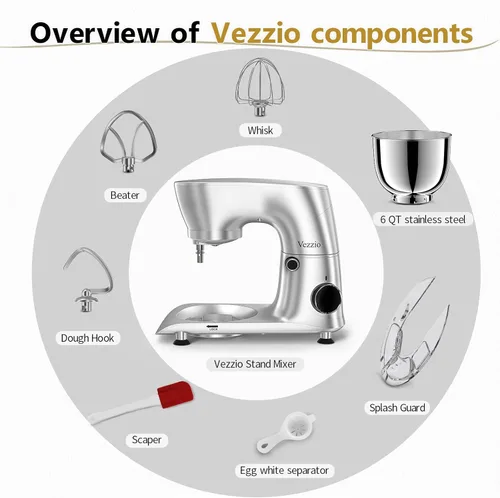 Miniatura 2 de Vezzio Batidora de pedestal con cabezal inclinable, 10 velocidades, de 6 cuartos de galón, mezclador de cocina para alimentos con tazón de acero