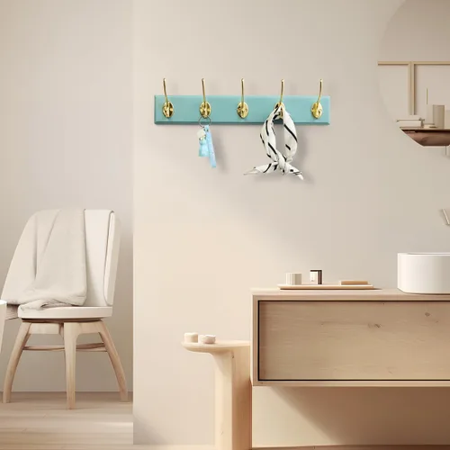 Miniatura 5 de Perchero de bambú para montaje en pared, 17 pulgadas, 5 ganchos dobles, azul y dorado Natural