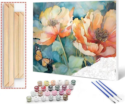 Miniatura 13 de Tucocoo Kits de pintura de paisaje de girasoles por números con pinceles y pigmento acrílico sobre lienzo para adultos, patrón de mariposas y flores