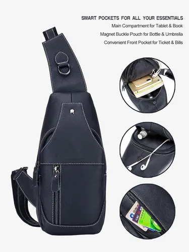 Miniatura 3 de Bolso bandolera pequeño de cuero para mujeres y hombres, bolsa cruzada, bolsa de pecho, mochila de viaje de hombro, resistente al agua, Negro