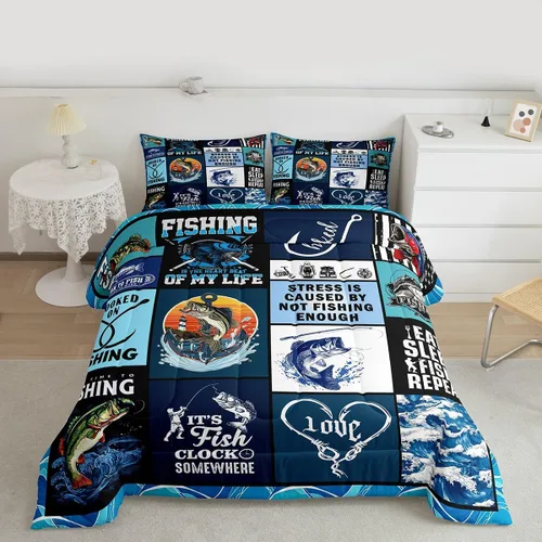 Miniatura 8 de Manfei Go Fishing Juego de edredón tamaño King para niños, juego de ropa de cama con diseño geométrico de peces de bass y rombos, decoración