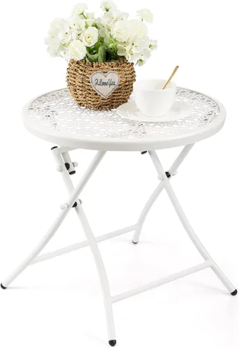 Miniatura 13 de Mesa auxiliar para exteriores, mesa auxiliar redonda plegable de metal, resistente a la intemperie, mesa decorativa de patio pequeño para porche
