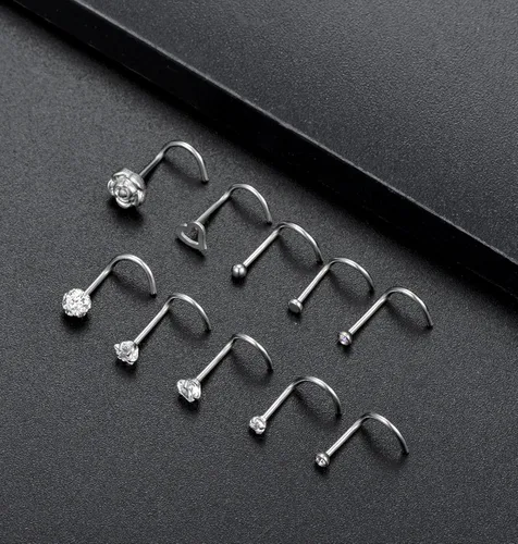 Miniatura 4 de Tornito 20G - 10 piezas de acero inoxidable para la nariz, anillos de circonita cúbica, piercing para la nariz, joyería para hombres y mujeres, tono