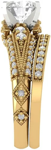 Miniatura 3 de Clara Pucci Anillo de compromiso de zafiro blanco con grabado personalizado de corte redondo de 2.10 quilates, conjunto nupcial de 14 quilates, oro