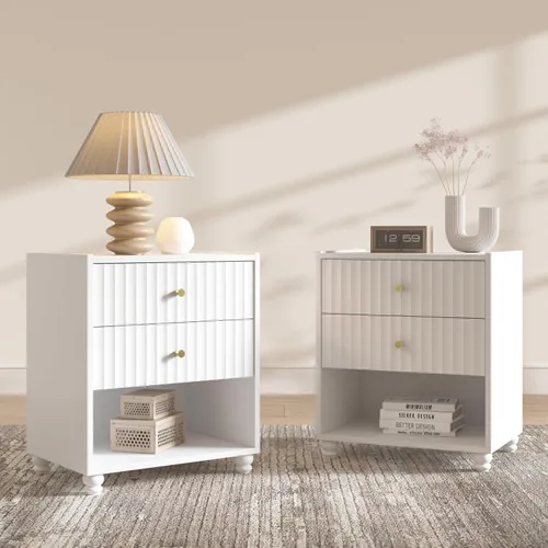 Miniatura 9 de Moderna mesita de noche, mesa auxiliar acanalada con 2 cajones, mesita de noche con estante abierto para dormitorio (1, negro)