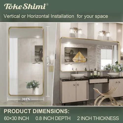 Miniatura 3 de TokeShimi - Espejo rectangular para tocador de baño de 60 x 30 pulgadas con marco de metal mate color dorado cepillado para pared, sin oxidación