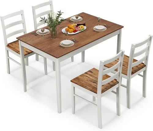 Miniatura 9 de Giantex Juego de comedor de 5 piezas para 4, mesa rectangular de madera maciza y 4 sillas con patas de madera de goma, juego de mesa de cocina