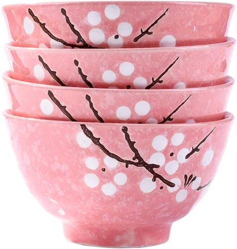 Juego de 4 cuencos de arroz japoneses – Juego de 4 cuencos de cerámica de ciruela rosa pintados a mano para postres y sopa de cereales