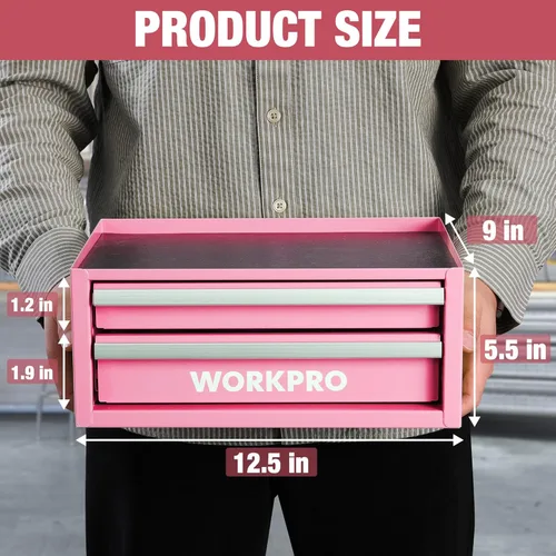 Miniatura 2 de WORKPRO Mini caja de herramientas de 12.5 pulgadas con 2 cajones y 1 almacenamiento superior abierto, pequeño baúl de herramientas de metal con Rosa