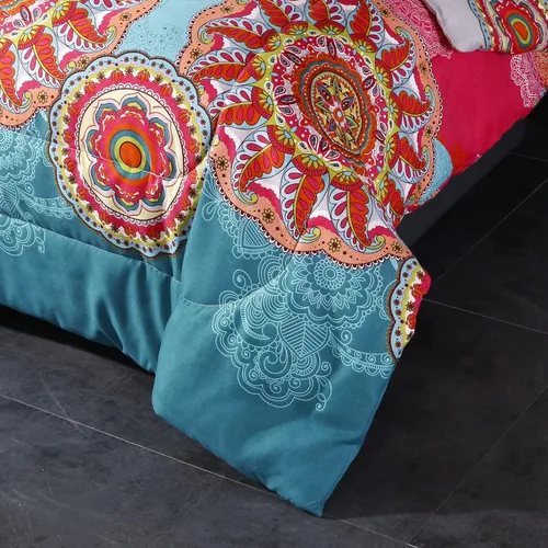 Miniatura 7 de LweiPsqLin - Juego de cama en una bolsa de 7 piezas tamaño full, estilo bohemio colorido con estampado rojo y azul, juego de edredón reversible