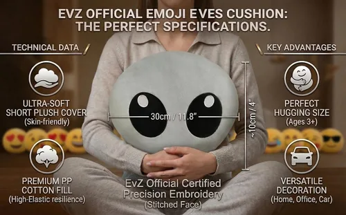 Miniatura 6 de Emoji Cara de Alienígena Cojín de Emoticón Relleno de Felpa Suave Almohada, Certificado Oficial, EvZ 31cm Gris