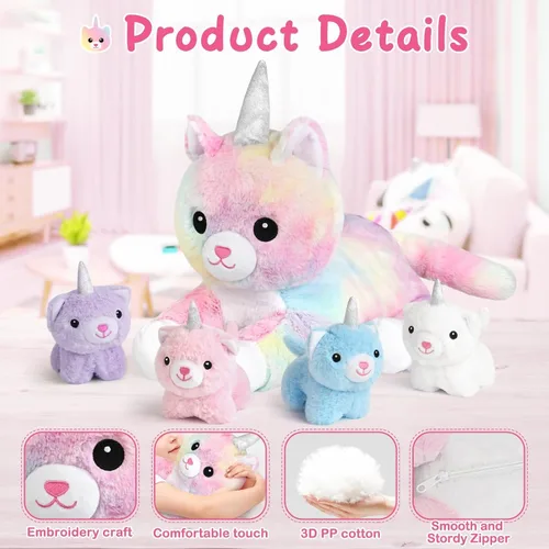Miniatura 4 de KMUYSL Juguetes para edades 0 1 2 3 4 5 6 7 8+ años - Animal de peluche mamá con 4 bebés en su barriga, juego de juguetes de peluche suave, regalos