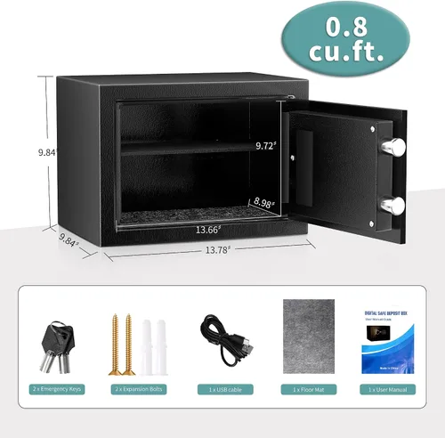Miniatura 2 de Caja fuerte, Caja fuerte de 0.8 pies cúbicos, Caja de seguridad digital antirrobo con teclado electrónico y llave, Cajas fuertes a prueba de fuego