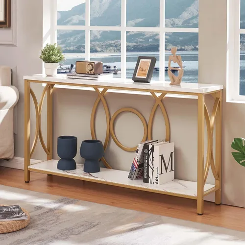 Miniatura 7 de HOMISSUE Mesa consola de sofá, moderna mesa consola dorada con mesa de mármol sintético, mesas de entrada de madera de ingeniería con almacenamiento
