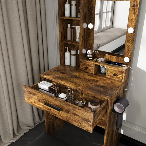 Miniatura 7 de Pequeño Tocador con Espejo y Luces, Mesa de Tocador de Maquillaje con Toma de Corriente y Cajones y Estantes y Taburete, Juego de Mesa de Tocador