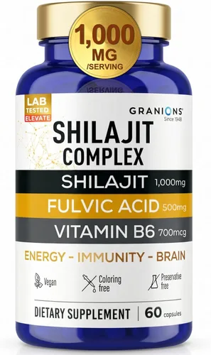 Granions Pure Shilajit - Cápsulas para hombres – Suplemento de ácido fúlvico, 1,000 mg de shilajit del Himalaya con vitamina B6 – Ultra energía,
