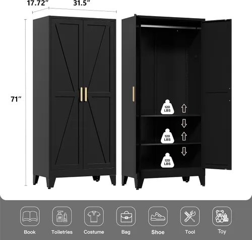 Miniatura 3 de LCAOPC Armario de metal de 71 pulgadas de alto con estantes ajustables y barra para colgar, 2 puertas, armario independiente para dormitorio, Negro
