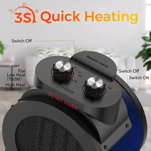 Miniatura 2 de Calentador de ambiente eléctrico de 1500 W con ángulo ajustable de 90°, protección contra sobrecalentamiento, calentador para garaje, oficina, uso