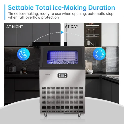 Miniatura 5 de Máquina comercial para hacer hielo, 270 libras/24 horas, contenedor de almacenamiento de 48 libras, acero inoxidable, luz azul, independiente, ideal