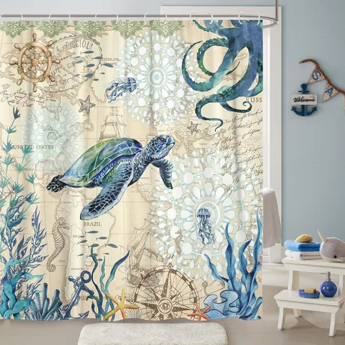 Miniatura 12 de Aipon Cortina de ducha verde de mediados de siglo para baño, cortina de ducha abstracta de estilo bohemio, de tela moderna, impermeable, para baño