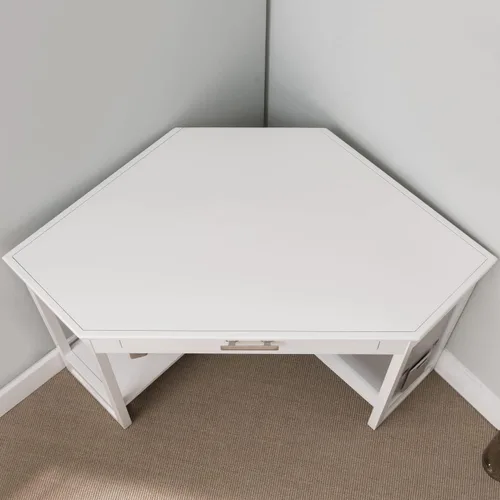 Miniatura 2 de Leick Home Sage 85430 - Escritorio esquinero de oficina, madera maciza, con cajón frontal para teclado, color blanco blanco (White/Brushed Nickel)