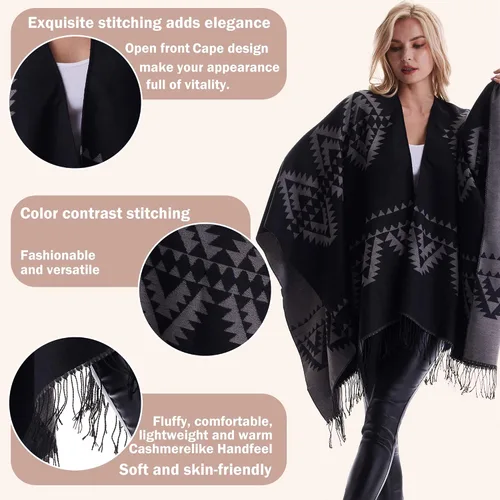 Miniatura 2 de Cárdigan cálido de invierno para mujer, diseño de chal a cuadros, capa frontal abierta