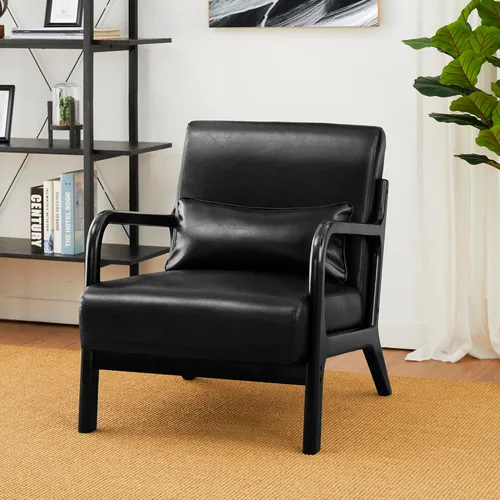 Miniatura 8 de Glitzhome Juego de 2 sillas Accent de mediados de siglo, color negro, silla individual de lectura, silla de salón de piel sintética PU