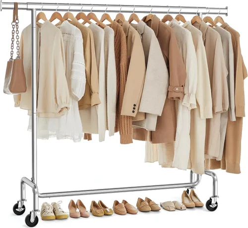 Miniatura 8 de SONGMICS Perchero con ruedas, estante de ropa resistente con varilla colgante extensible, capacidad de carga de 286.6 lb, 17.7 x (43.3-59.1) x 64.1
