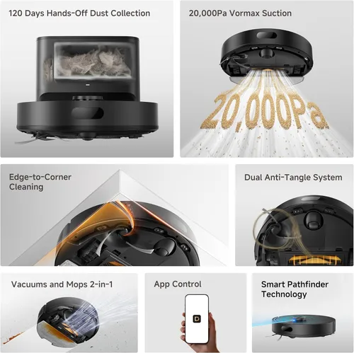 Miniatura 9 de DREAME D20 Air Plus Robot Vaccum and Mop Combo con succión de 20,000 Pa, tecnología antienredos, muelle de vaciado automático, limpieza profunda