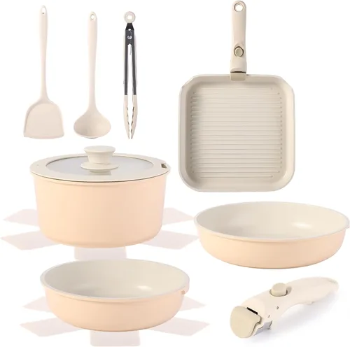 Juego de 12 piezas de utensilios de cocina con mango desmontable, juegos de ollas y sartenes antiadherentes, juego de sartenes de inducción para