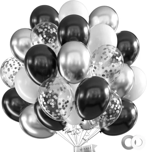 Juego de 62 globos de 12 pulgadas, color negro, blanco, plateado, globos de fiesta con confeti plateado metálico blanco y negro con cintas para